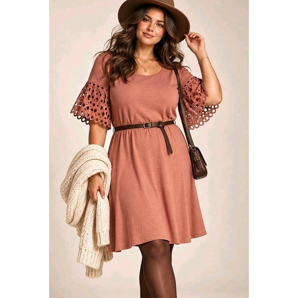 Lane Bryant 14/16 Dusty Rose 100% Cotton Swing Dress Eyelet Bell Sleeves Boho